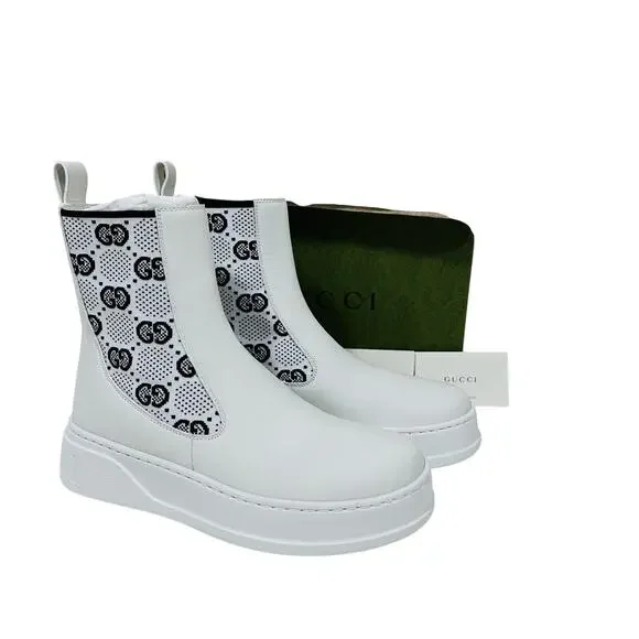 Gucci Platform 38.5/ US 8.5 GG Supreme Leather Chelsea Boots White NWB $1,100